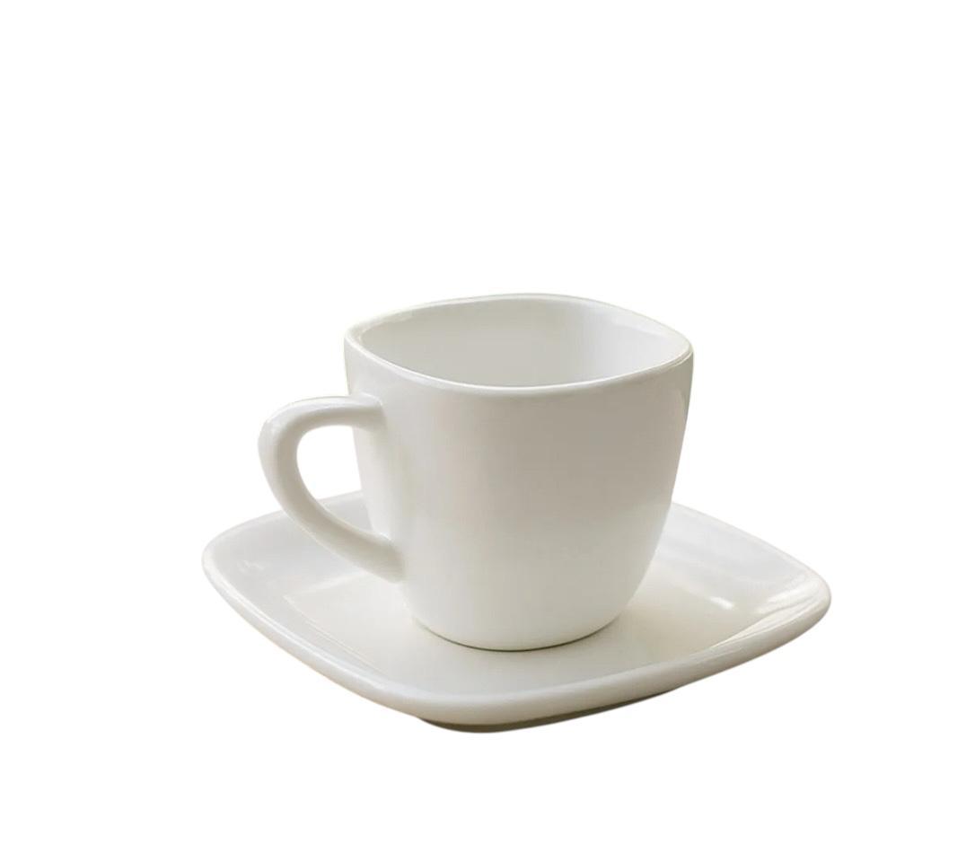 TAZA+PLATO CUADRADO OPALINA BLANCA