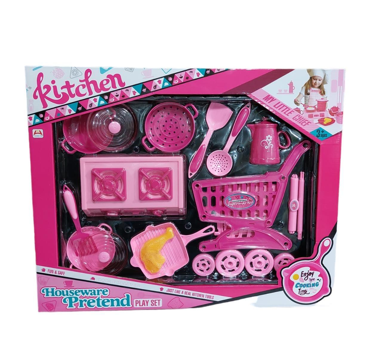 SET COCINA CON ACCESORIOS Y CARRITO DE SUPERMERCADO EN CAJA